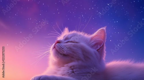 Contented white cat relaxing in dreamy twilight sky full of stars and soft colors