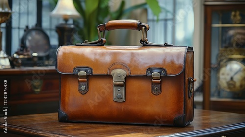 Stylish leather briefcase resting on a polished wooden table in a cozy cafe s...
