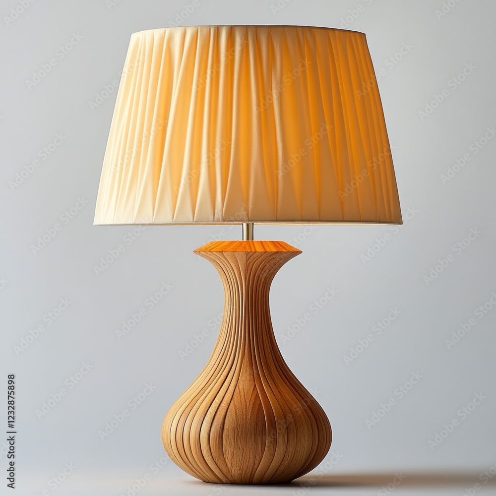 Lit table lamp with pleated shade and carved base against grey backdrop. Lit table lamp with pleated shade and carved base against grey backdrop.