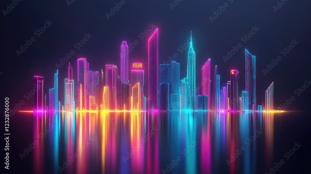 Neon City Skyline Reflecting In Water Neon City Skyline Reflecting In Water
