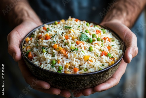 Freshly prepared vegetable fried rice served in a bowl held by a person outdoors