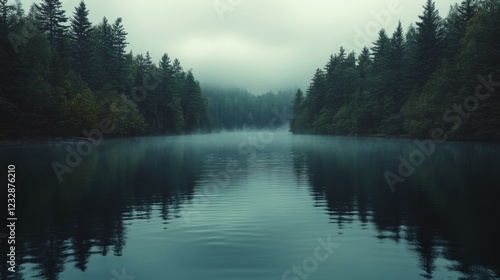 Misty morning reflections on a tranquil lake surrounded by dense forested mou...