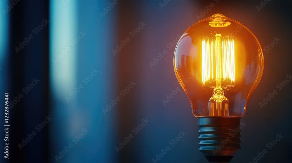 Glowing Edison bulb, idea, office window, city view, inspiration Glowing Edison bulb, idea, office window, city view, inspiration