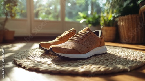 Elegant white sneakers placed on a textured rug in a sunlit room with plants