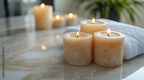Soft white towels arranged on a marble table beside candles and green plants ...