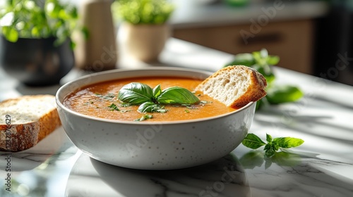 Homemade tomato soup served with fresh bread and basil on a sunny kitchen cou...