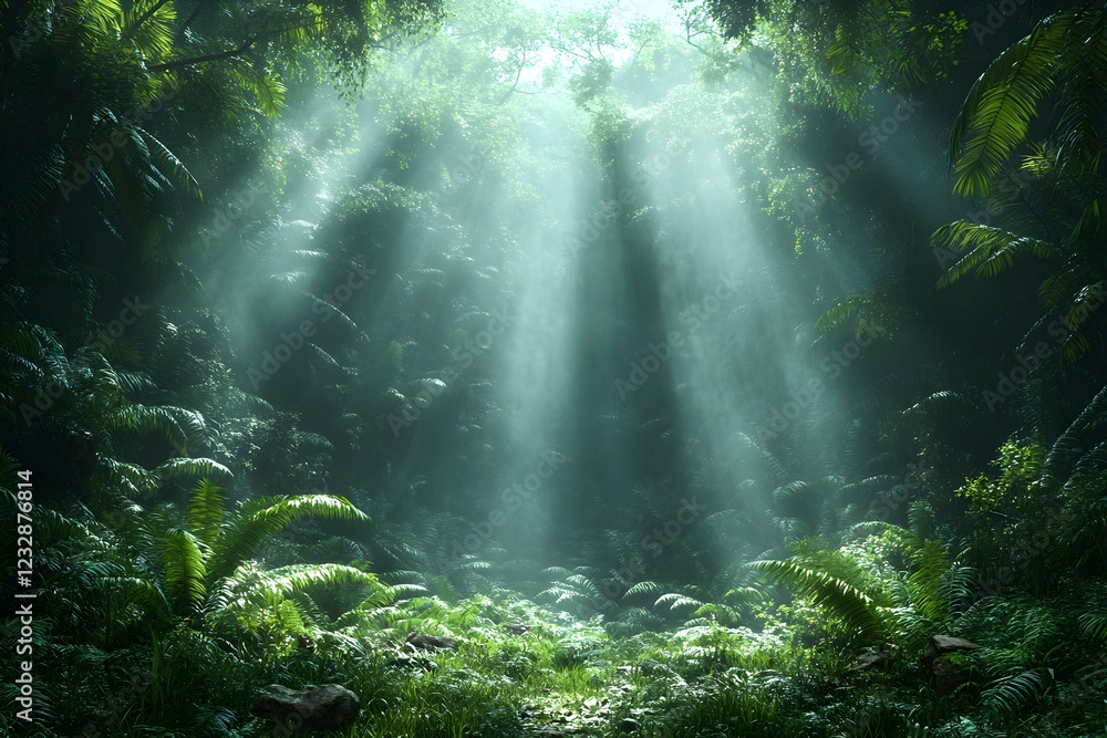 Fototapeta premium Lush Green Prehistoric Jungle Leaves in Mystical Fog - Generative AI