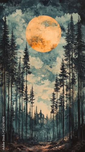 Mysterious forest pathway under a full moon with an old castle silhouette in ...