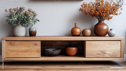 Natural wood and ceramic decorative pieces arranged on sleek shelves in a mod...