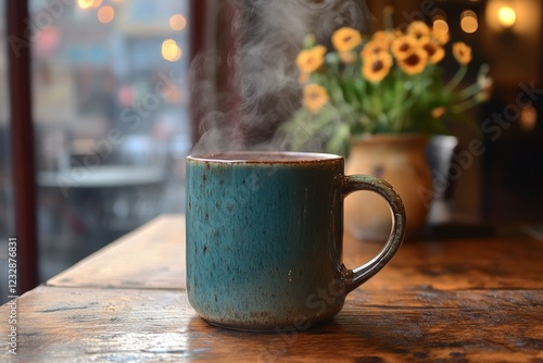 Warm cup of coffee with steam on a rustic wooden table in a cozy cafe atmosphere