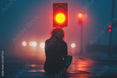 Rainy evening with person waiting at traffic light in urban setting