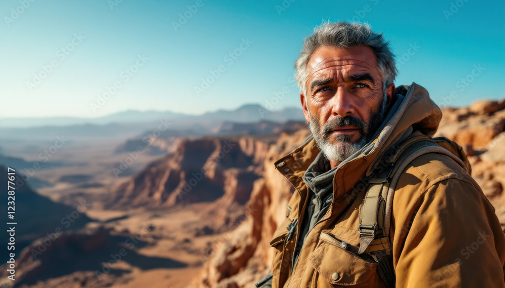 Mature Adventurer Contemplating Vast Desert Landscape Mature Adventurer Contemplating Vast Desert Landscape