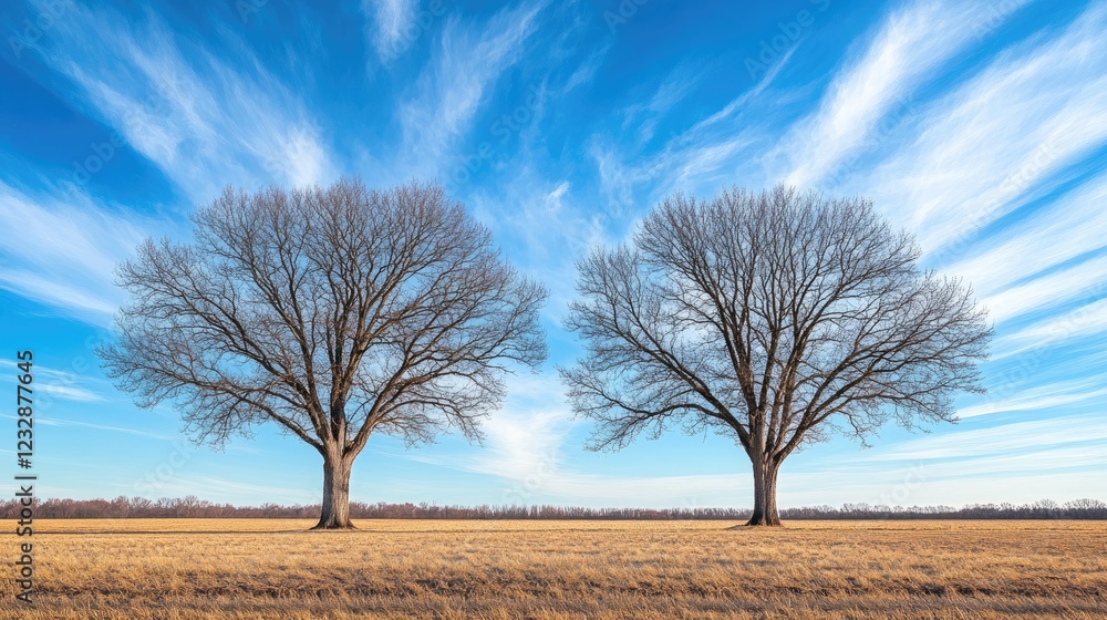 Two Bare Trees Stand Tall Under a Blue Sky Two Bare Trees Stand Tall Under a Blue Sky