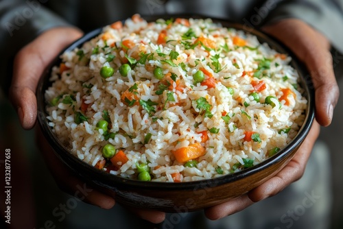 Freshly prepared vegetable fried rice served in a bowl held by a person outdoors
