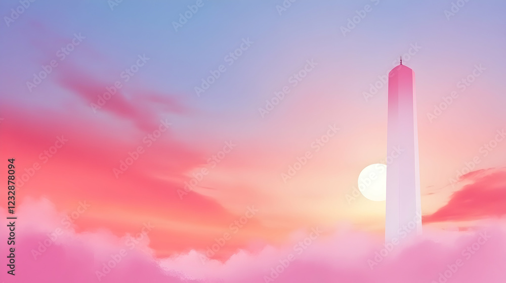 Fototapeta premium Pastel sunset sky with tall tower emerging from clouds.