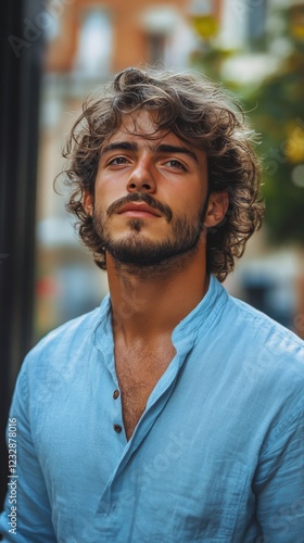 Young man with curly hair gazing thoughtfully out of a window during daylight