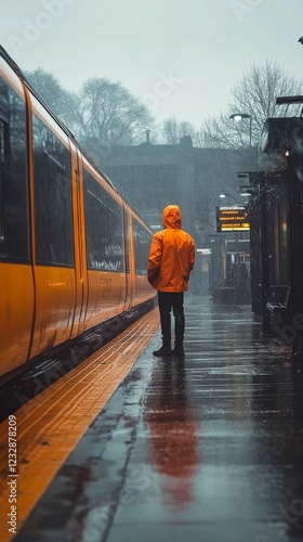 Commuter waits for orange-lit train on a rainy evening in a bustling city