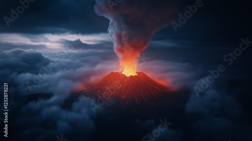 Balance of calm and power as a volcano gracefully transition eruption lava