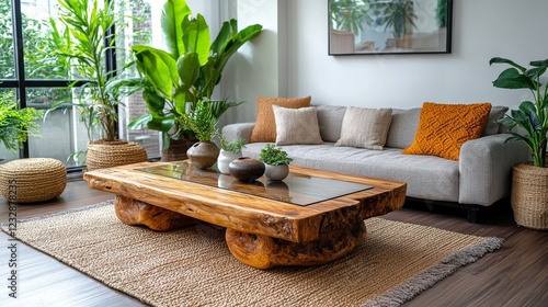 Modern living room with natural light and stylish furniture in a cozy apartment