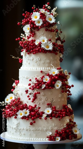 Exquisite three-tier wedding cake adorned with fresh berries and daisies at a...