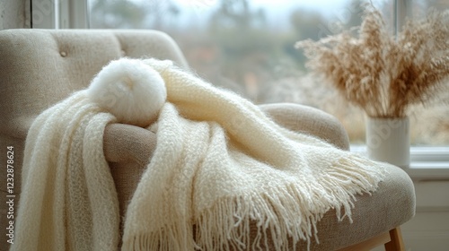 Cozy chair with cream blanket and dried flowers in a serene indoor setting