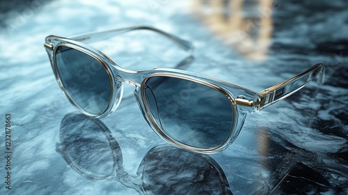 Reflective sunglasses resting on marble surface with shadows cast by sunlight