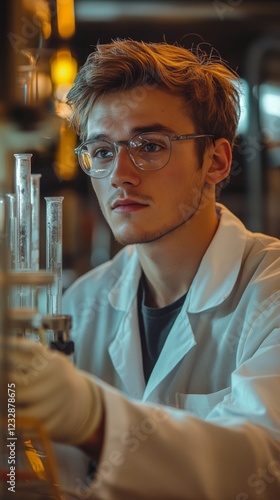 Chemist conducting experiments with glassware in a modern laboratory setting ...