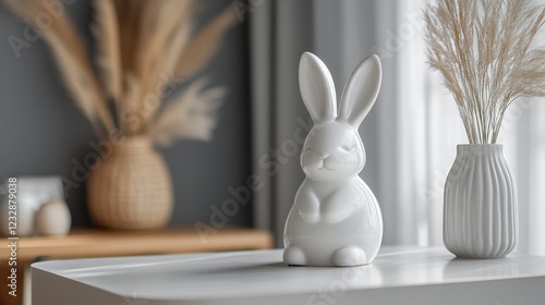 White ceramic rabbit decoration on a minimalist table with dried plants in a ...