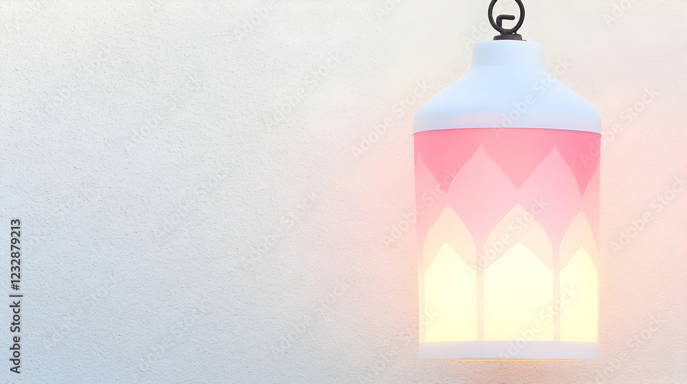 Fototapeta premium Pink and white hanging lamp emitting warm light against a white wall.
