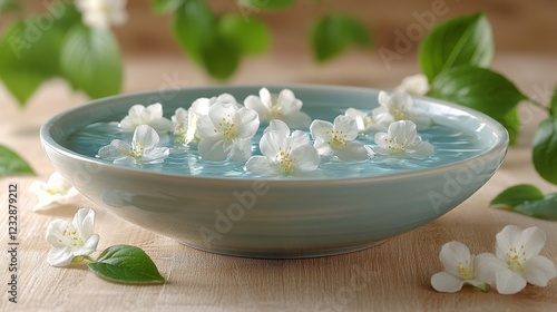 Fresh white flowers floating in a bowl of water on a wooden surface during da...