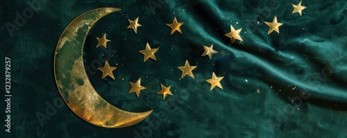 Golden crescent moon and stars on dark green silk fabric photo