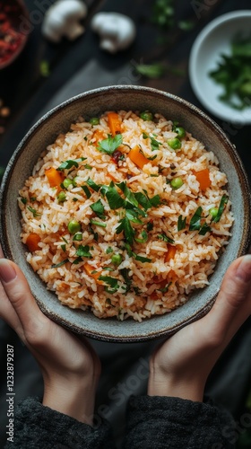 Colorful vegetable rice dish served in a bowl against a dark background