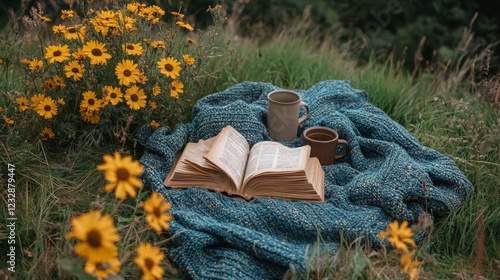 Reading a book with coffee surrounded by flowers on a cozy blanket in a natur...