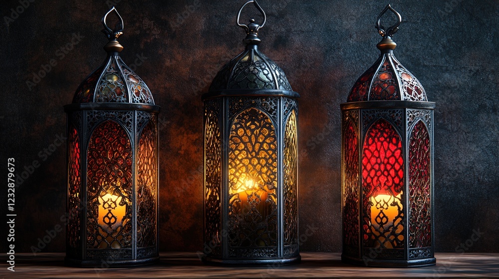 Obraz premium Beautifully decorated Islamic lanterns with intricate glass and metalwork, warm glowing light 