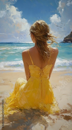 Bright yellow dress contrasts with ocean view and cloudy sky as woman gazes a...