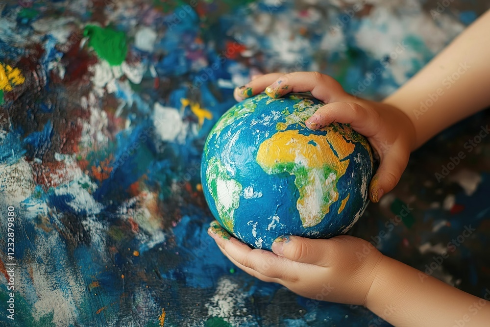 A child's tender hands painting the world with love and care on World Environment Day. A child's tender hands painting the world with love and care on World Environment Day.