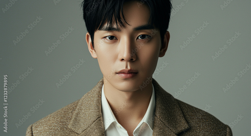 Portrait of young man with dark hair looking at camera. Young man portrait in brown jacket Portrait of young man with dark hair looking at camera. Young man portrait in brown jacket