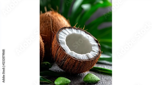 Halved Fresh Coconut with Creamy White Flesh and Lush Green Tropical Leaves on Dark Background photo