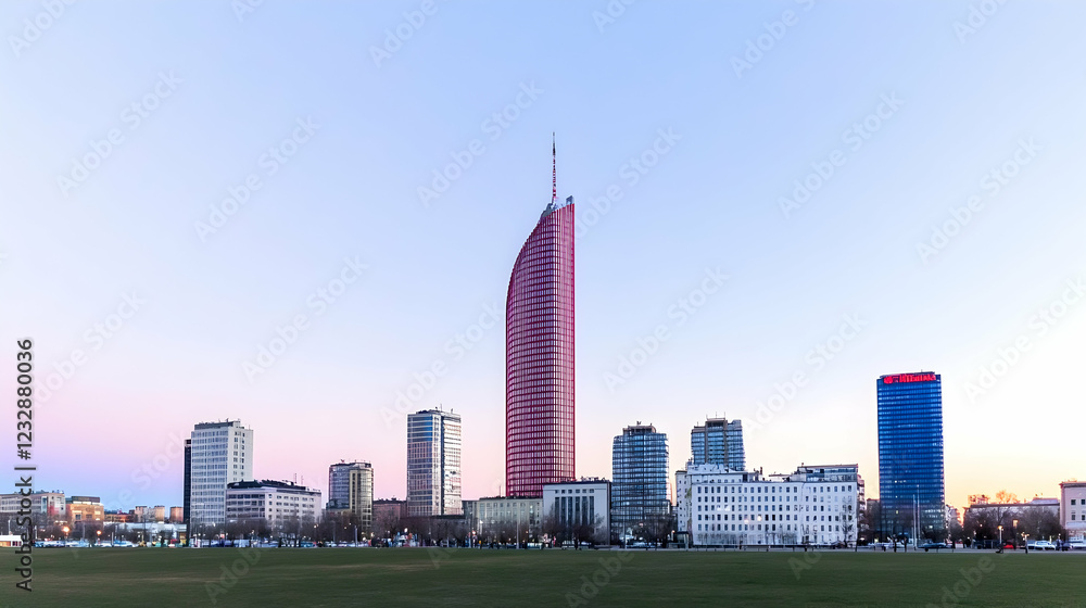 Obraz premium Pink skyscraper and cityscape at dawn.