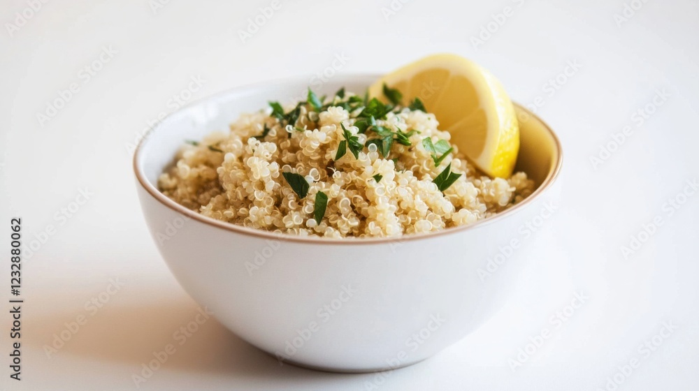 A simple bowl of plain quinoa with a light drizzle of olive oil and a sprinkle of chopped parsley, served in a minimalist white ceramic bowl, Quinoa centered A simple bowl of plain quinoa with a light drizzle of olive oil and a sprinkle of chopped parsley, served in a minimalist white ceramic bowl, Quinoa centered