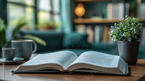 Sunlight streaming through windows illuminating open book with flowers in coz...