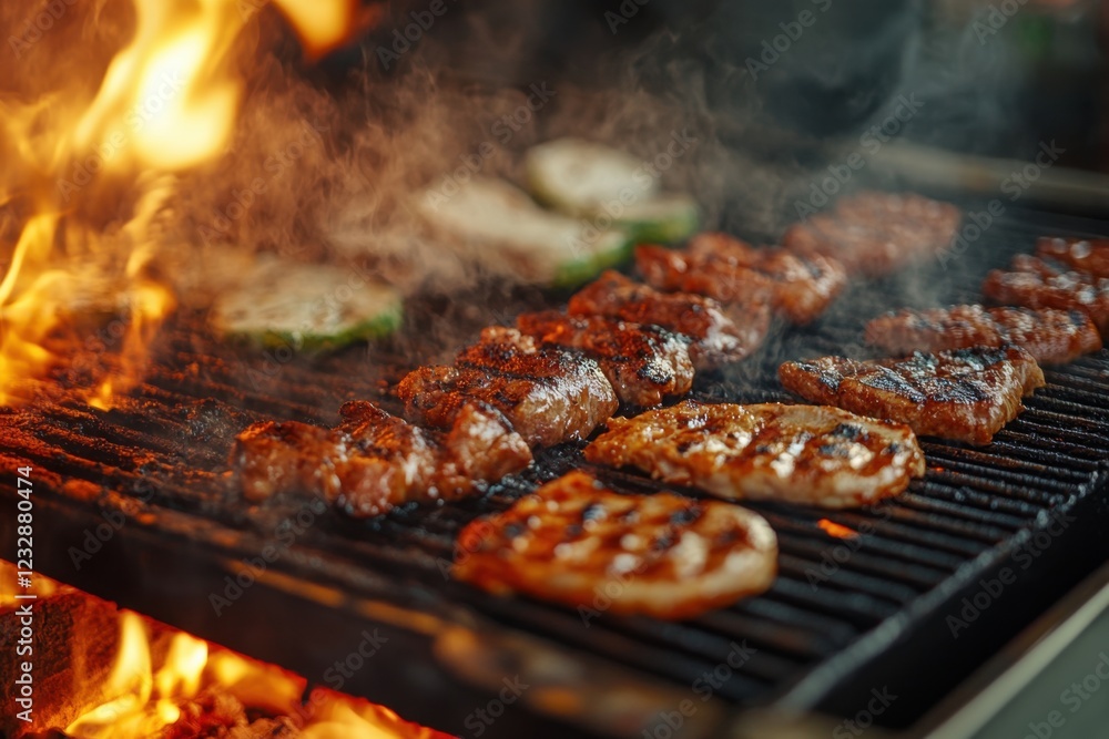 Grilled Meats and Vegetables Sizzling Over Open Flames Grilled Meats and Vegetables Sizzling Over Open Flames
