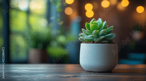 Decorative succulent in a simple pot on a wooden table in a cozy indoor setting