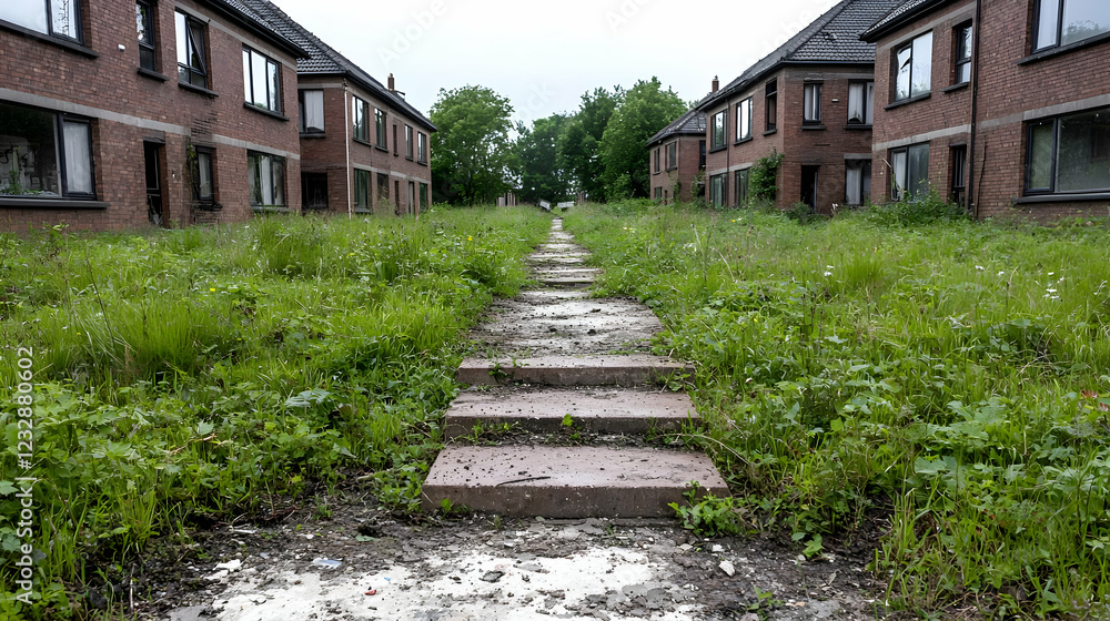 Overgrown path between abandoned houses, nature reclaiming urban space Overgrown path between abandoned houses, nature reclaiming urban space
