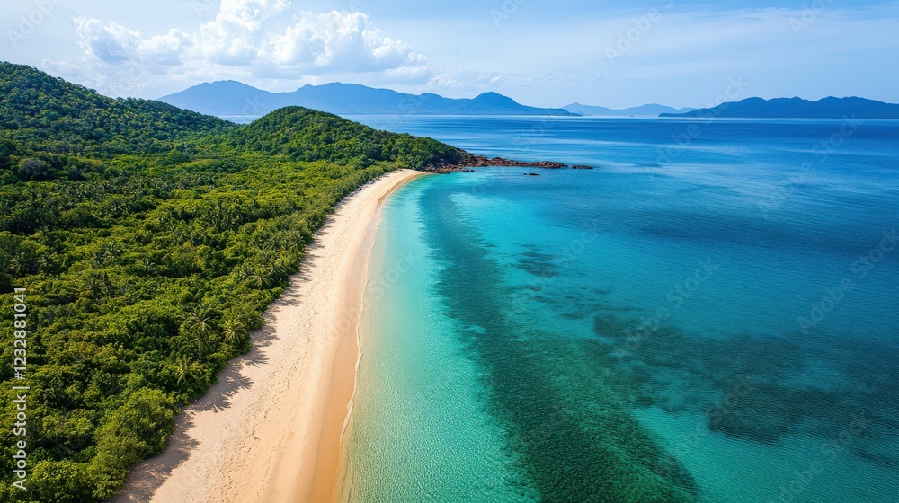 A beautiful beach with a clear blue ocean and mountains in the background A beautiful beach with a clear blue ocean and mountains in the background