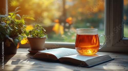 Cozy morning with coffee and a book by the sunny window with plants