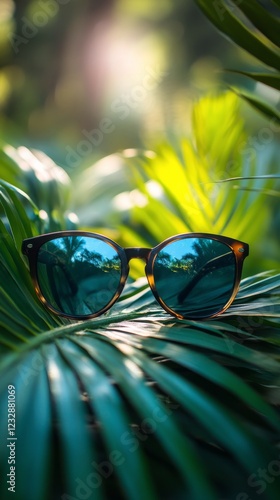 Stylish sunglasses resting on lush green leaves under warm sunlight
