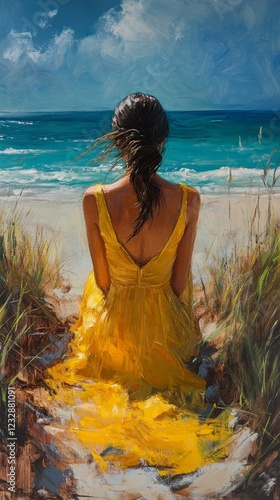 Bright yellow dress contrasts with ocean view and cloudy sky as woman gazes a...