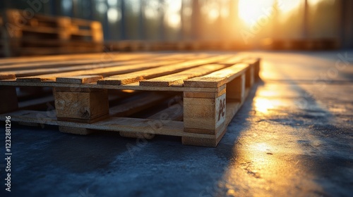 Wooden pallets stacked at sunset in a storage yard creating a warm glow effect