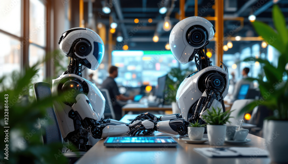 Fototapeta premium Futuristic Office: Two Advanced Robots Collaborate on a Project